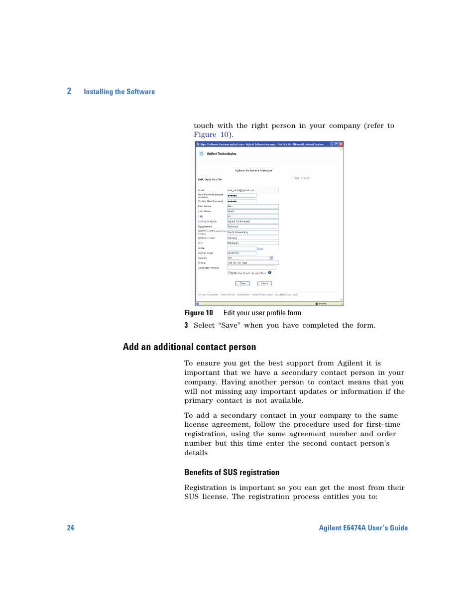 Add an additional contact person, Benefits of sus registration | Agilent Technologies Wireless Network Optimization Platform E6474A User Manual | Page 24 / 194