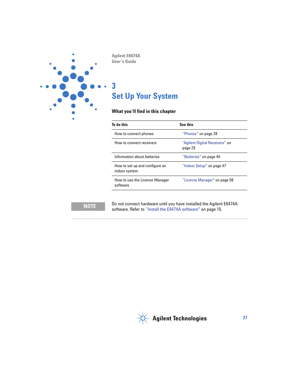 Set up your system, What you’ll find in this chapter, 3 set up your system | Agilent technologies | Agilent Technologies Wireless Network Optimization Platform E6474A User Manual | Page 27 / 194