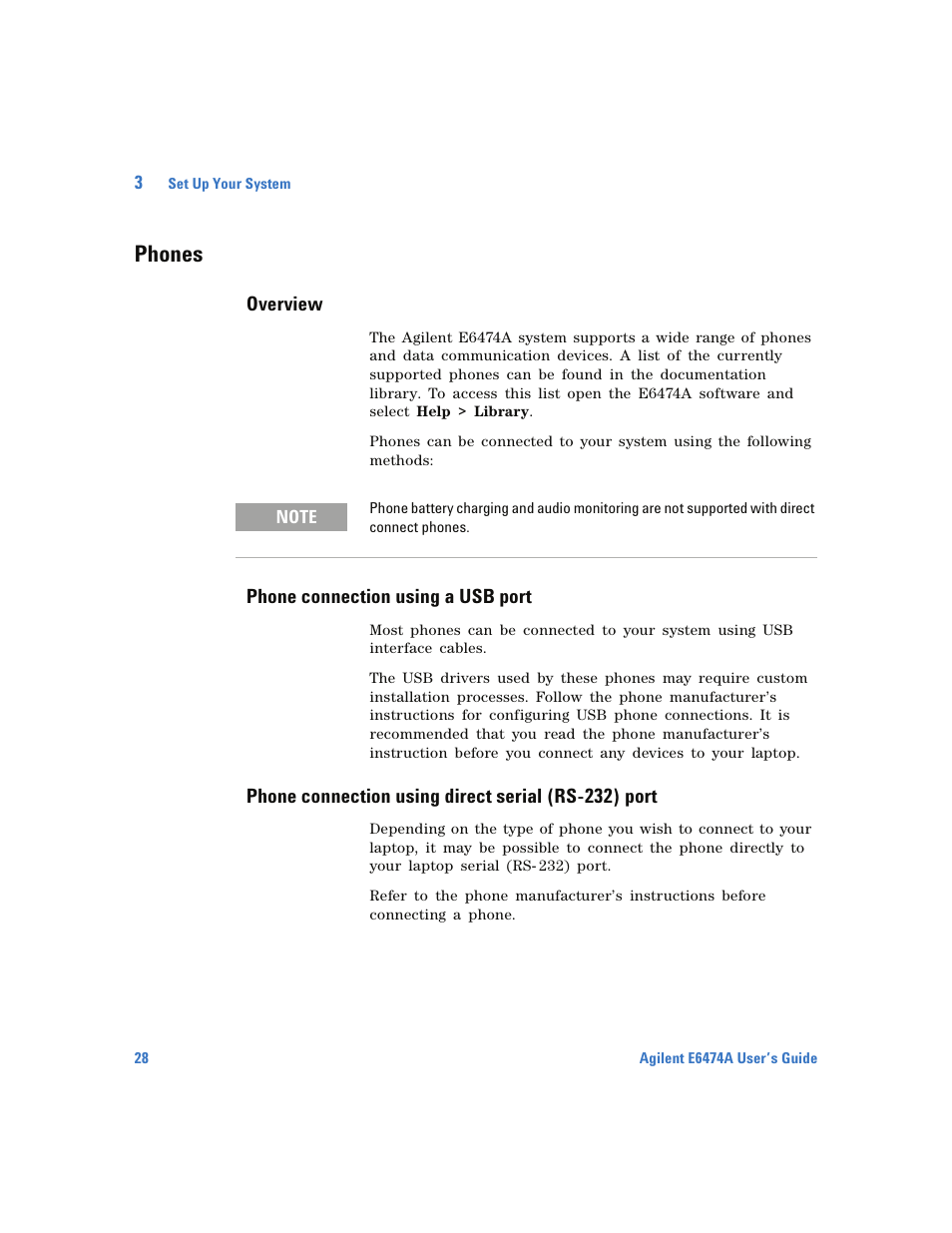 Phones, Overview, Phone connection using a usb port | Phone connection using direct serial (rs-232) port | Agilent Technologies Wireless Network Optimization Platform E6474A User Manual | Page 28 / 194