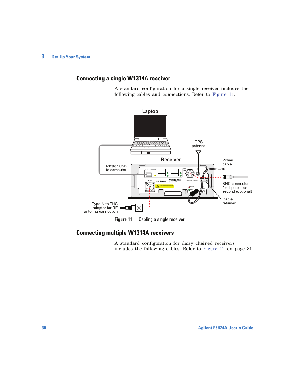 Connecting a single w1314a receiver, Connecting multiple w1314a receivers, Set up your system | Laptop receiver | Agilent Technologies Wireless Network Optimization Platform E6474A User Manual | Page 30 / 194