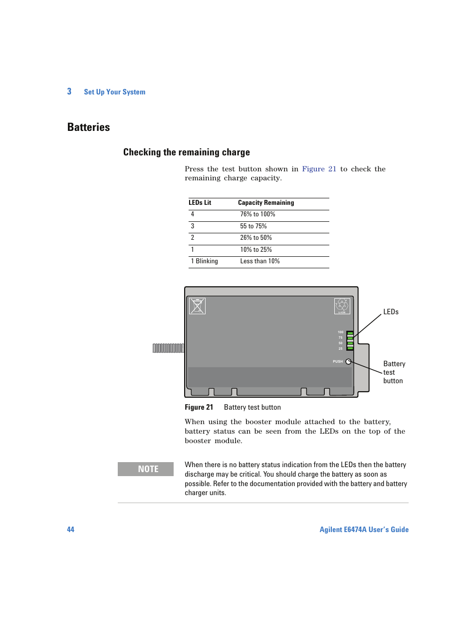 Batteries, Checking the remaining charge | Agilent Technologies Wireless Network Optimization Platform E6474A User Manual | Page 44 / 194