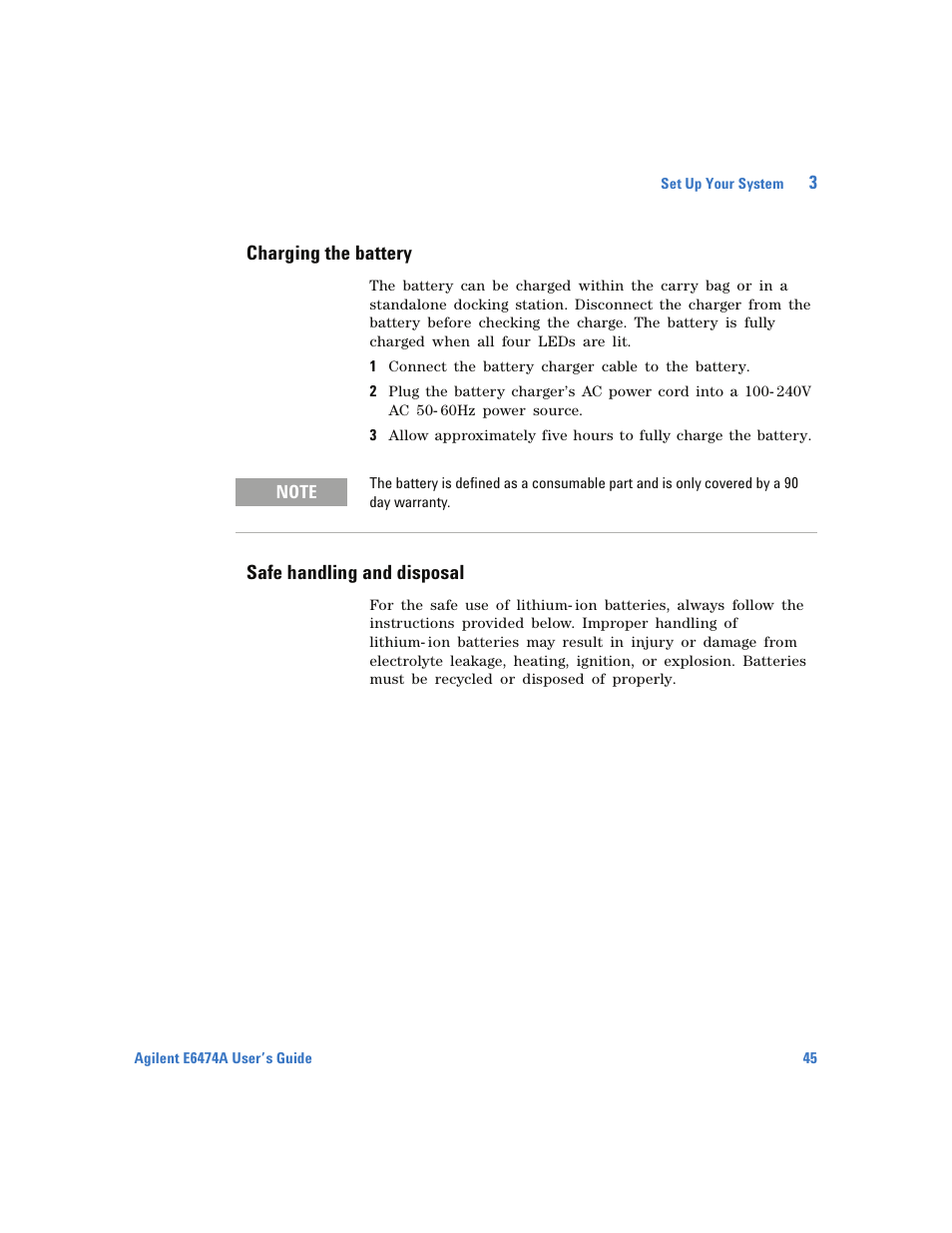Charging the battery, Safe handling and disposal | Agilent Technologies Wireless Network Optimization Platform E6474A User Manual | Page 45 / 194