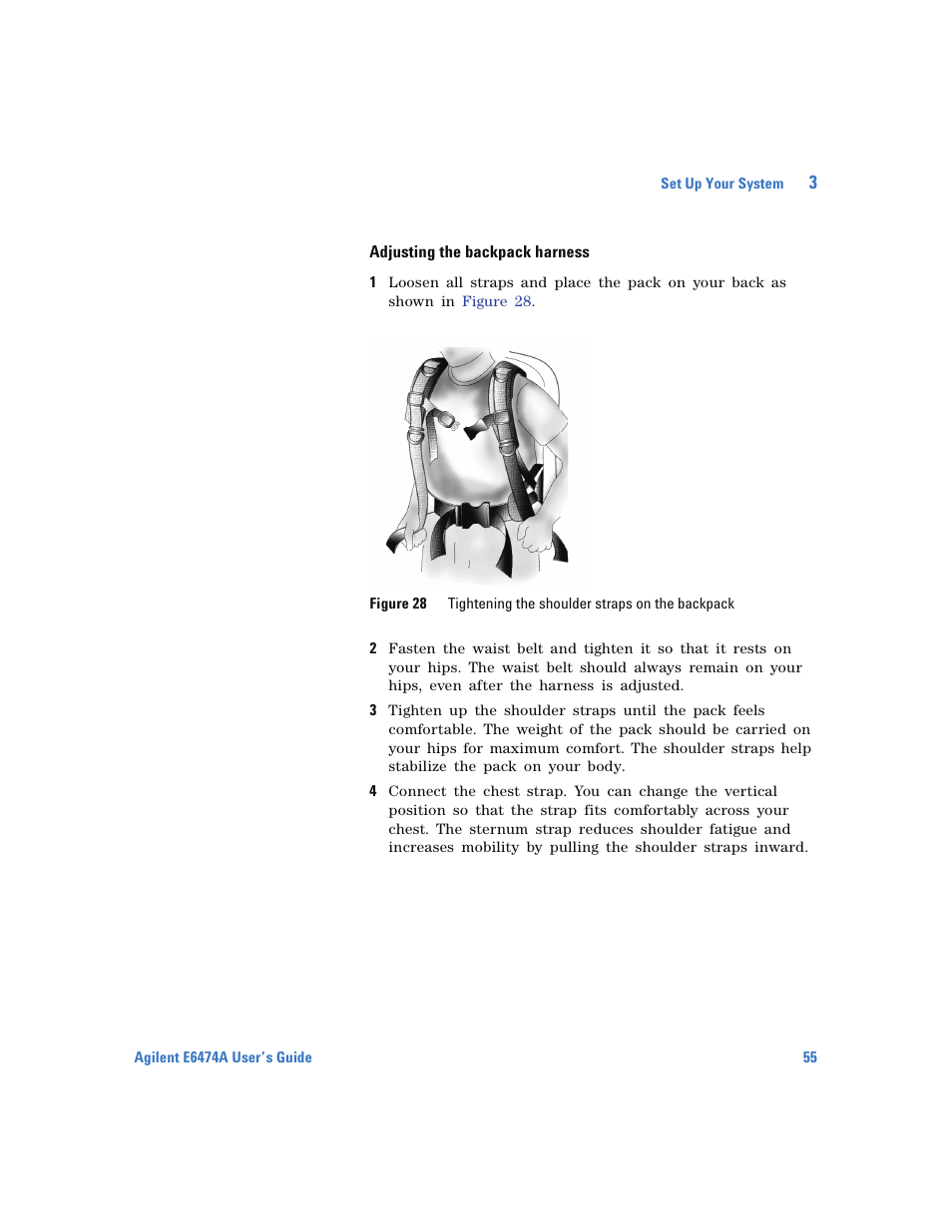 Adjusting the backpack harness | Agilent Technologies Wireless Network Optimization Platform E6474A User Manual | Page 55 / 194
