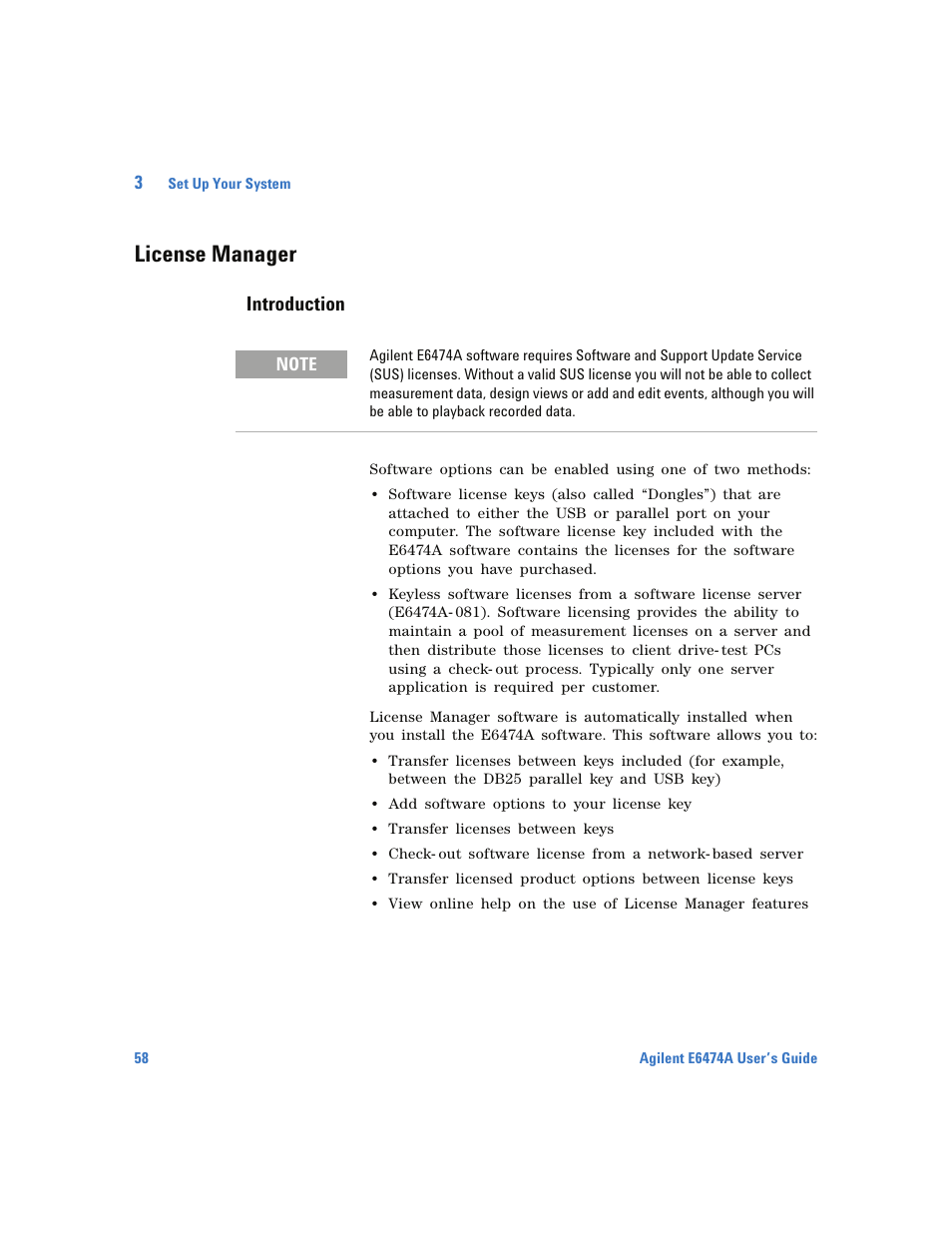 License manager, Introduction, License | Manager | Agilent Technologies Wireless Network Optimization Platform E6474A User Manual | Page 58 / 194