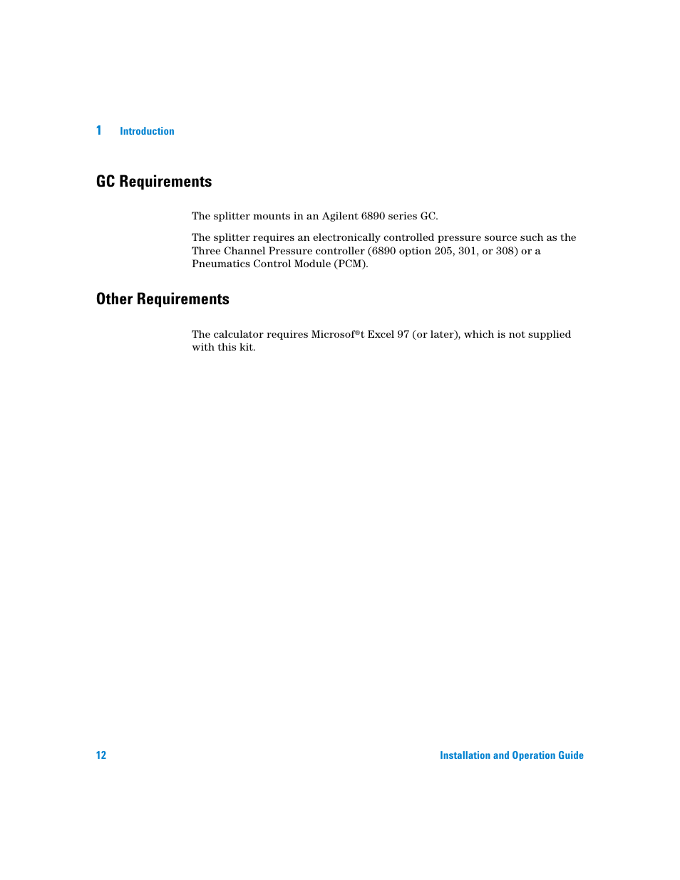 Gc requirements, Other requirements | Agilent Technologies G3180B User Manual | Page 12 / 52