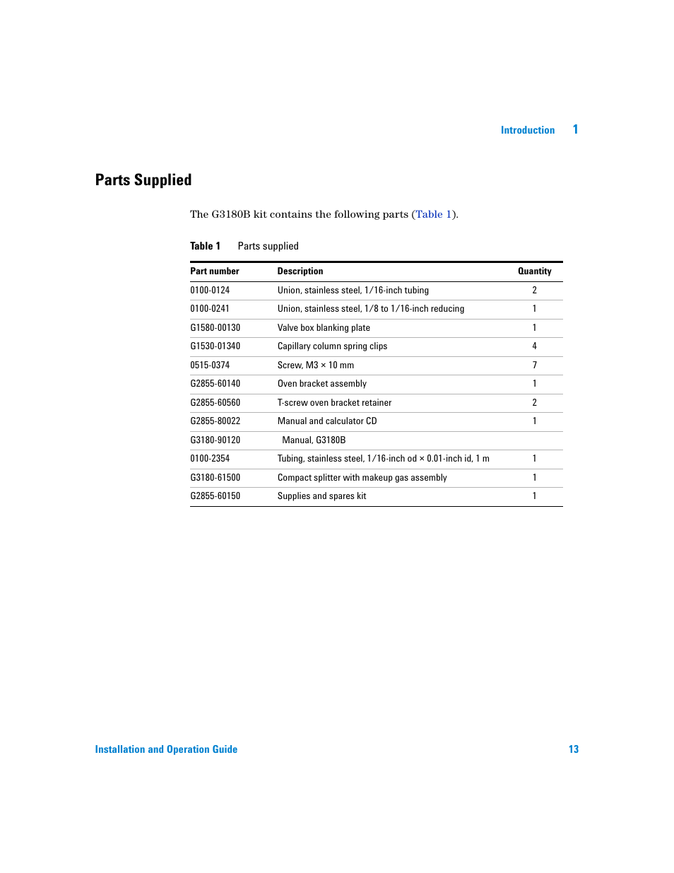 Parts supplied | Agilent Technologies G3180B User Manual | Page 13 / 52