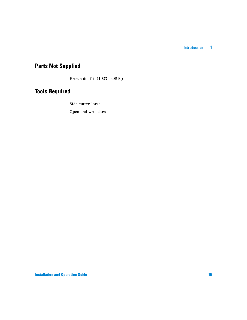 Parts not supplied, Tools required | Agilent Technologies G3180B User Manual | Page 15 / 52