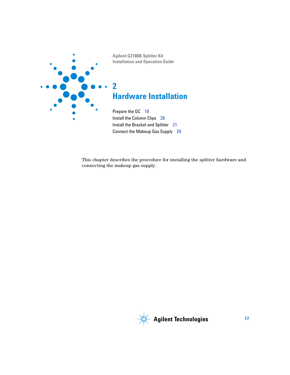 Hardware installation, 2 hardware installation, Agilent technologies | Agilent Technologies G3180B User Manual | Page 17 / 52
