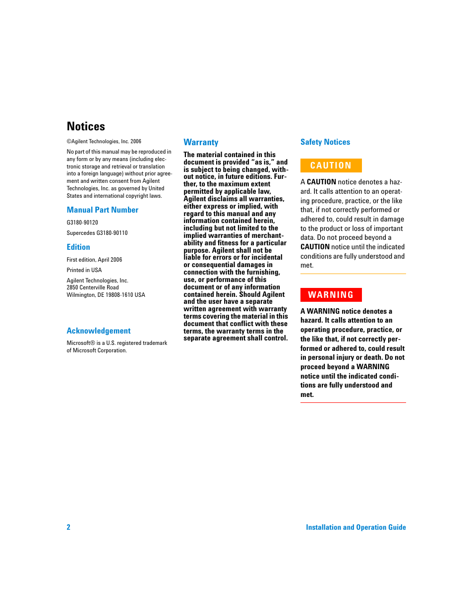 Notices | Agilent Technologies G3180B User Manual | Page 2 / 52