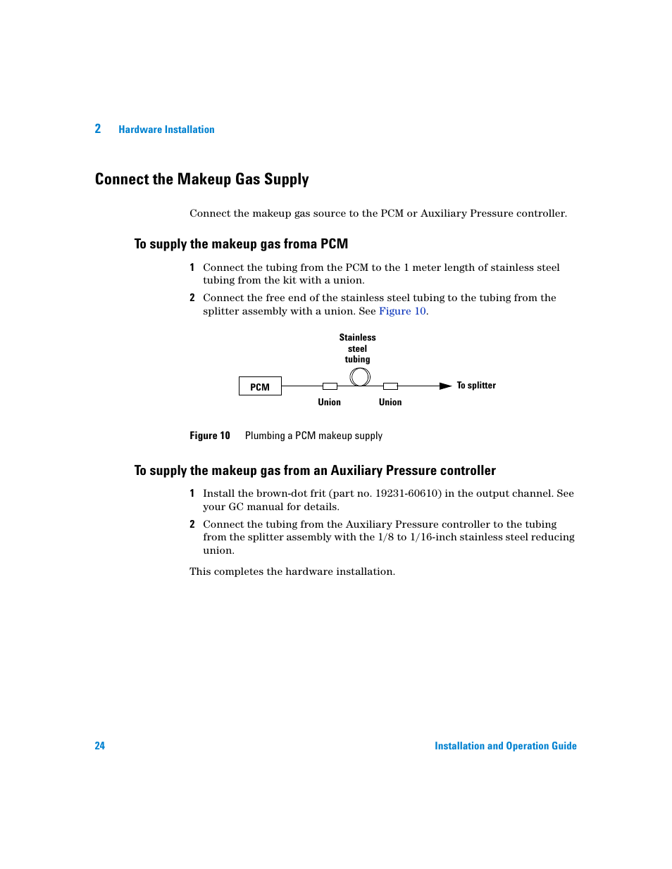 Connect the makeup gas supply, To supply the makeup gas froma pcm, Controller | Agilent Technologies G3180B User Manual | Page 24 / 52