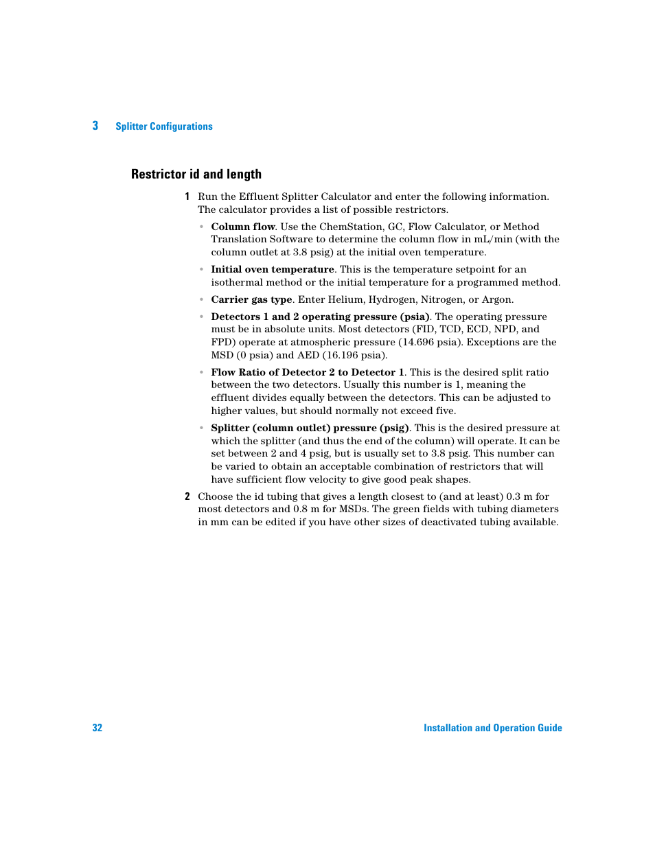 Restrictor id and length | Agilent Technologies G3180B User Manual | Page 32 / 52