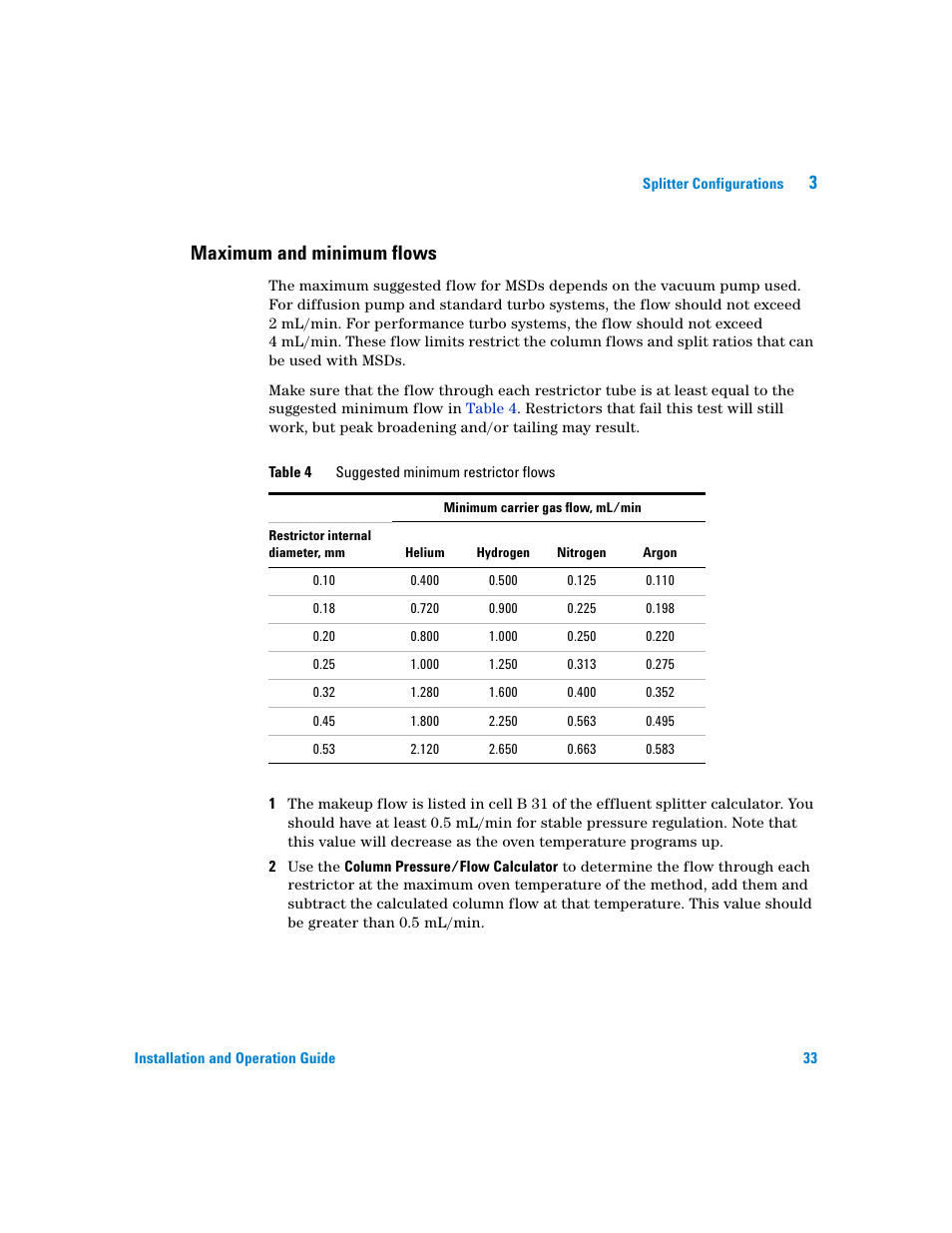 Maximum and minimum flows | Agilent Technologies G3180B User Manual | Page 33 / 52