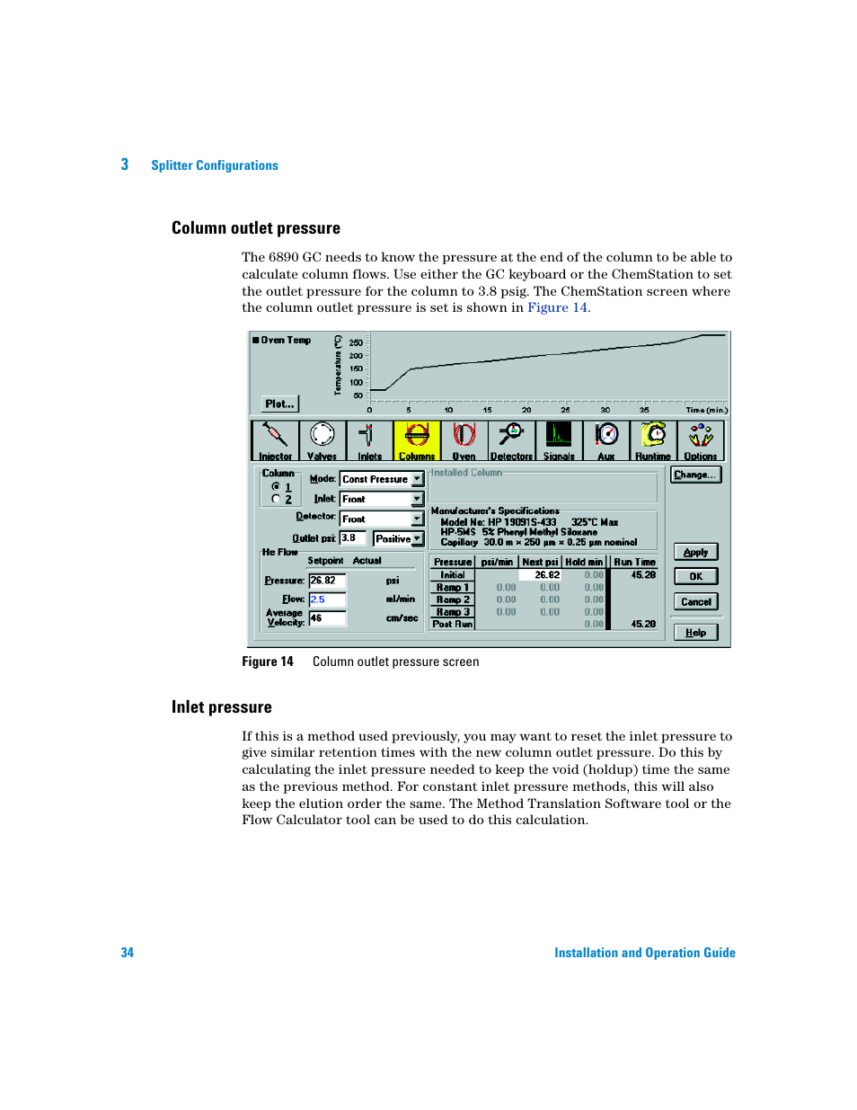 Column outlet pressure, Inlet pressure | Agilent Technologies G3180B User Manual | Page 34 / 52