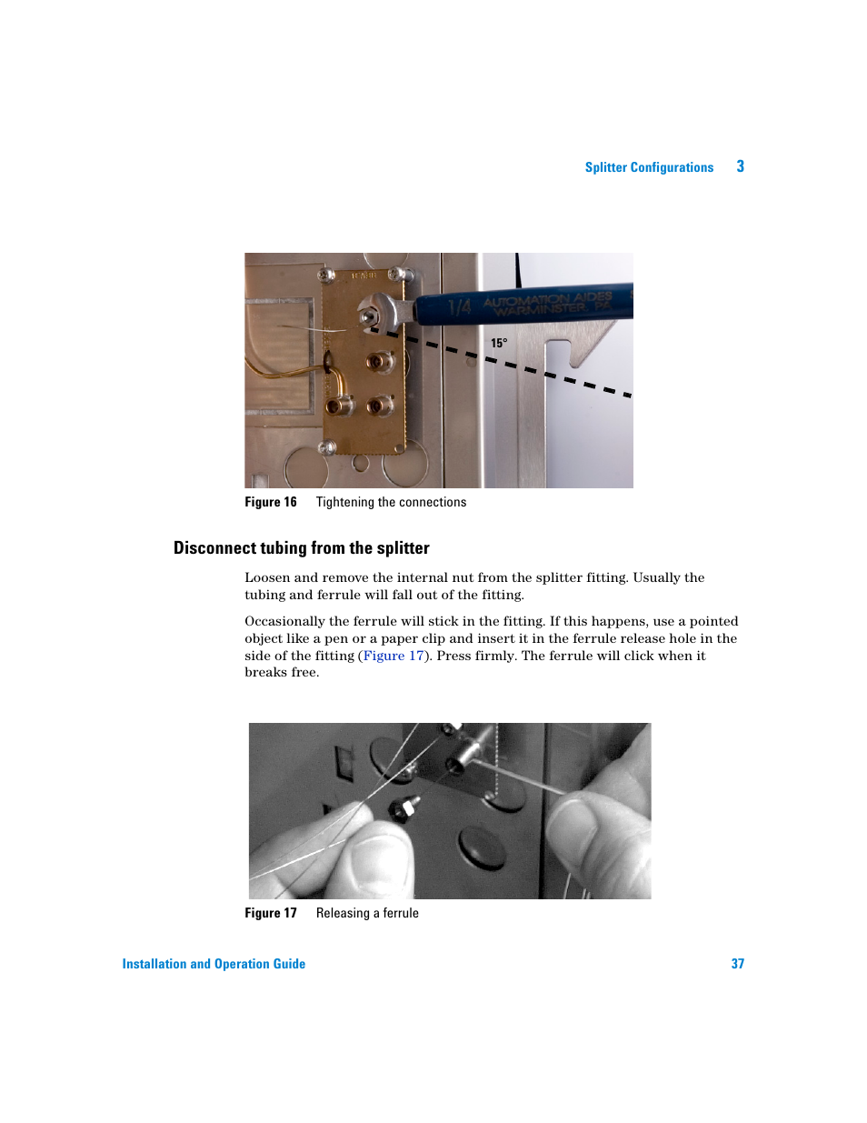 Disconnect tubing from the splitter, Figure 16, Inst | Agilent Technologies G3180B User Manual | Page 37 / 52
