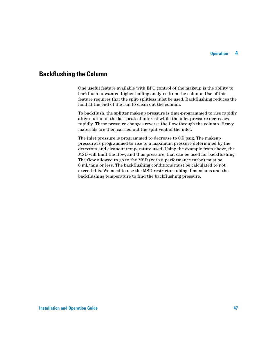 Backflushing the column | Agilent Technologies G3180B User Manual | Page 47 / 52