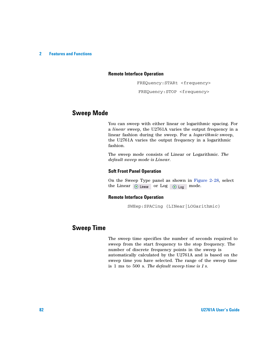 Sweep mode, Sweep time | Agilent Technologies AGILENT U2761A User Manual | Page 100 / 123