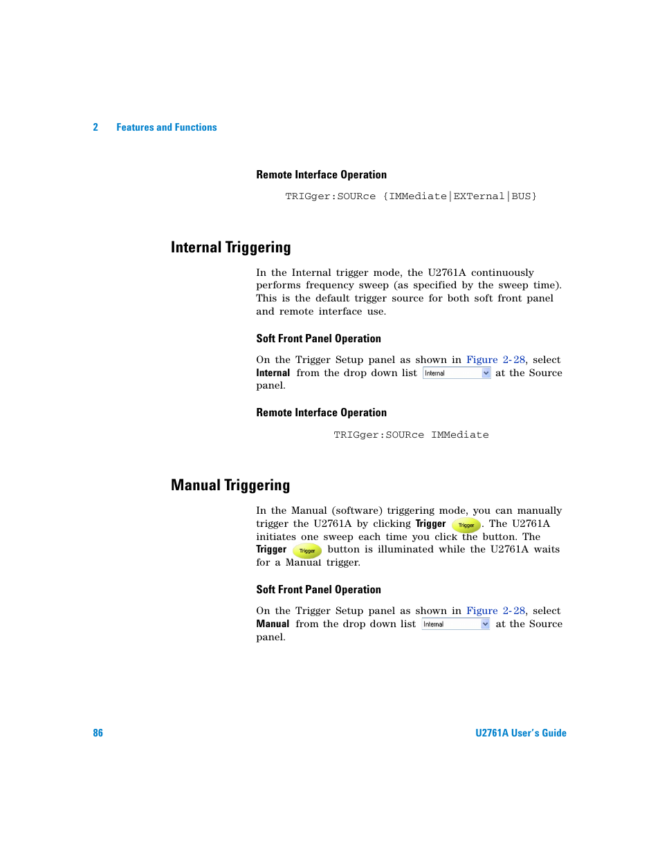 Internal triggering, Manual triggering | Agilent Technologies AGILENT U2761A User Manual | Page 104 / 123