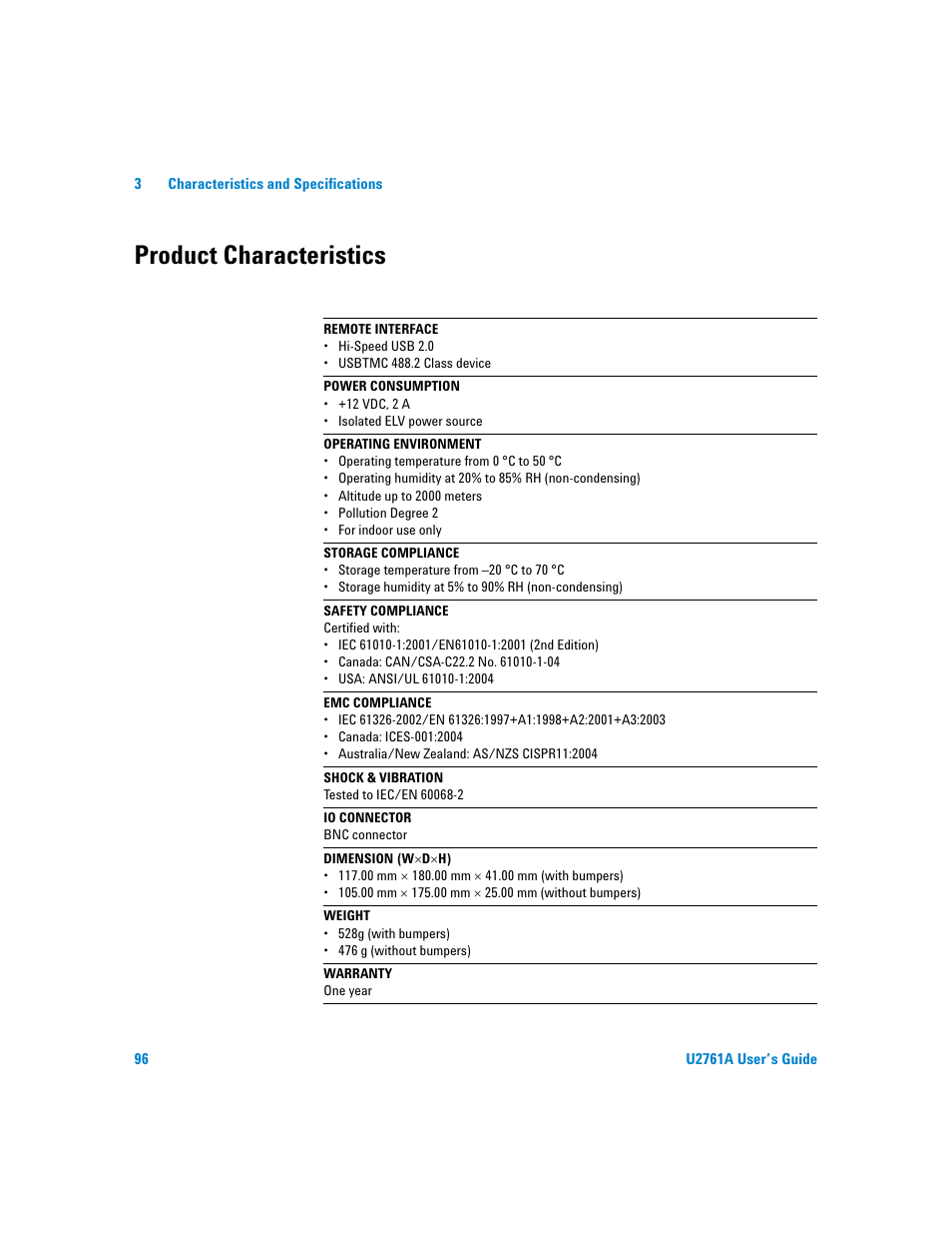 Product characteristics | Agilent Technologies AGILENT U2761A User Manual | Page 114 / 123