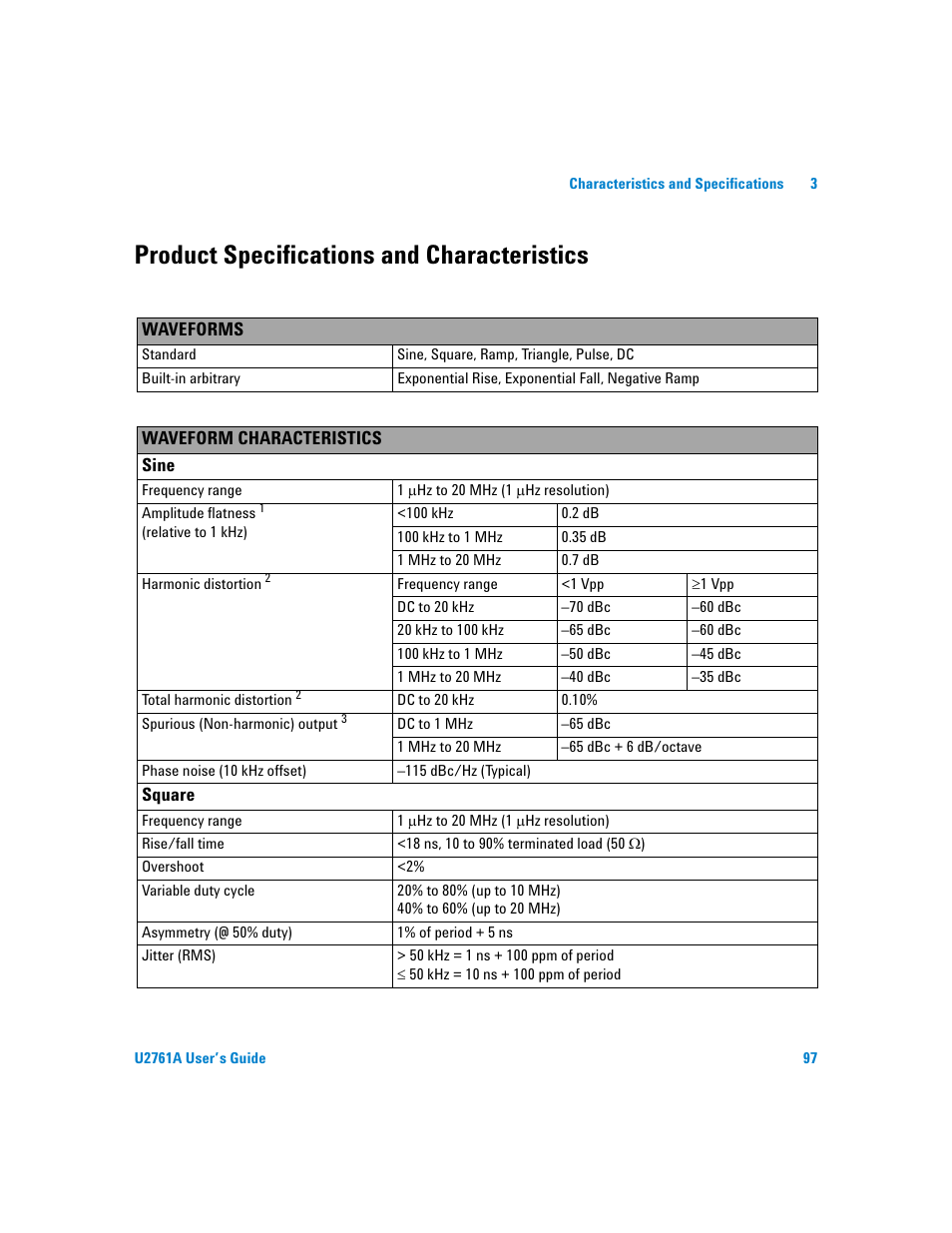 Product specifications and characteristics | Agilent Technologies AGILENT U2761A User Manual | Page 115 / 123
