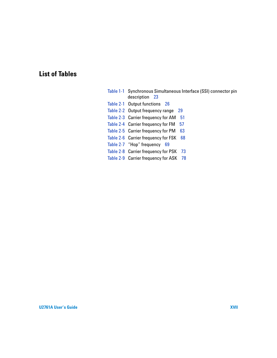 List of tables | Agilent Technologies AGILENT U2761A User Manual | Page 17 / 123