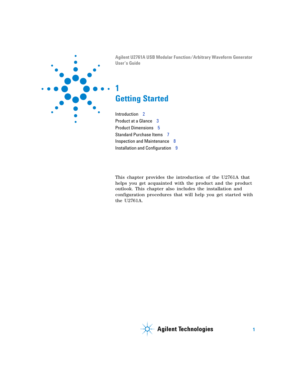 1 getting started, Getting started, Agilent technologies | Agilent Technologies AGILENT U2761A User Manual | Page 19 / 123
