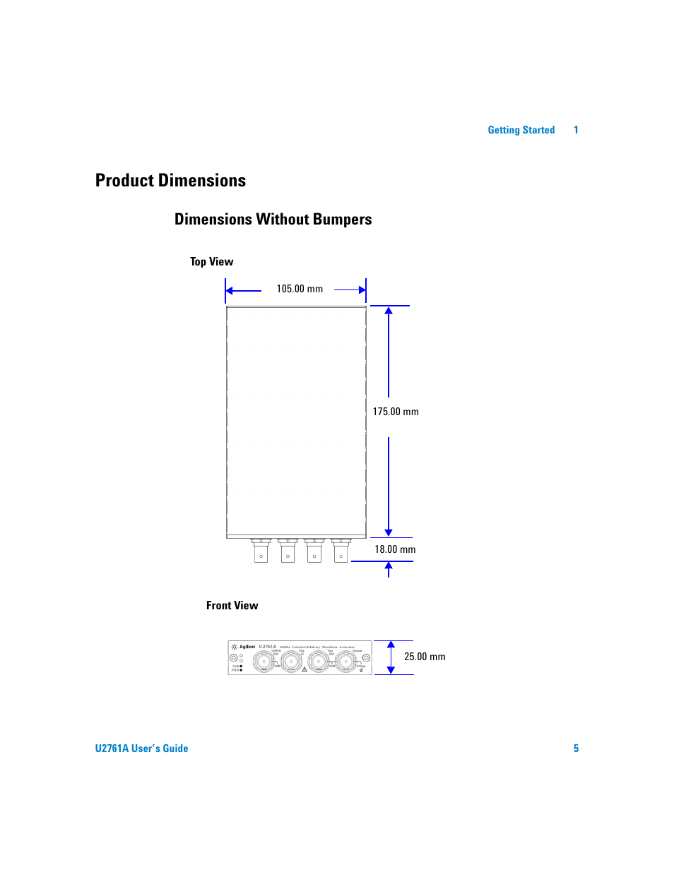 Product dimensions, Dimensions without bumpers | Agilent Technologies AGILENT U2761A User Manual | Page 23 / 123