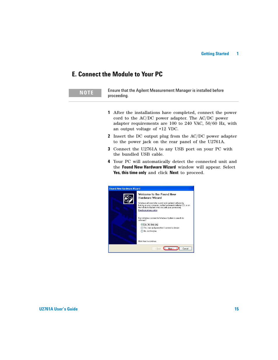 E. connect the module to your pc | Agilent Technologies AGILENT U2761A User Manual | Page 33 / 123