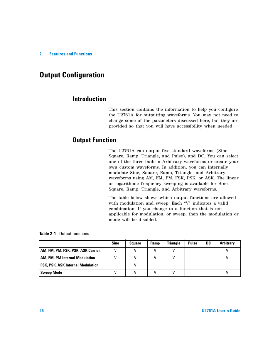 Output configuration, Introduction, Output function | Table | Agilent Technologies AGILENT U2761A User Manual | Page 44 / 123