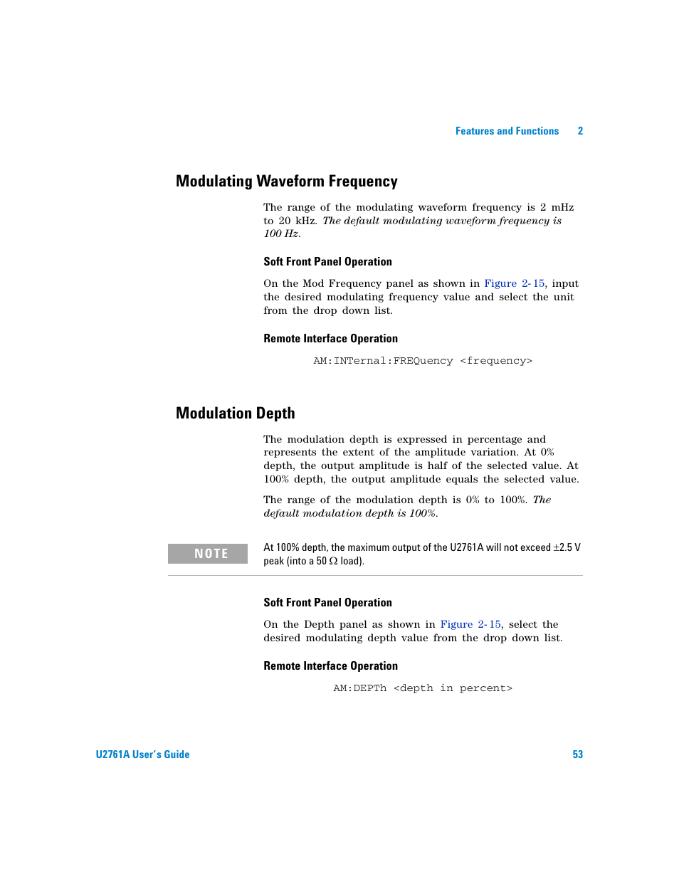 Modulating waveform frequency, Modulation depth | Agilent Technologies AGILENT U2761A User Manual | Page 71 / 123