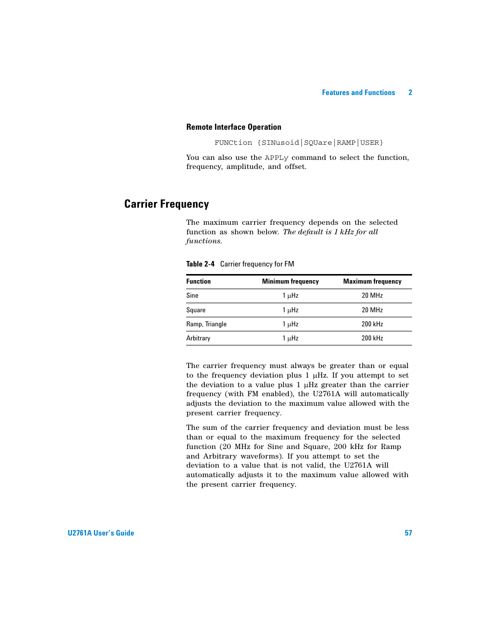 Carrier frequency, Table | Agilent Technologies AGILENT U2761A User Manual | Page 75 / 123