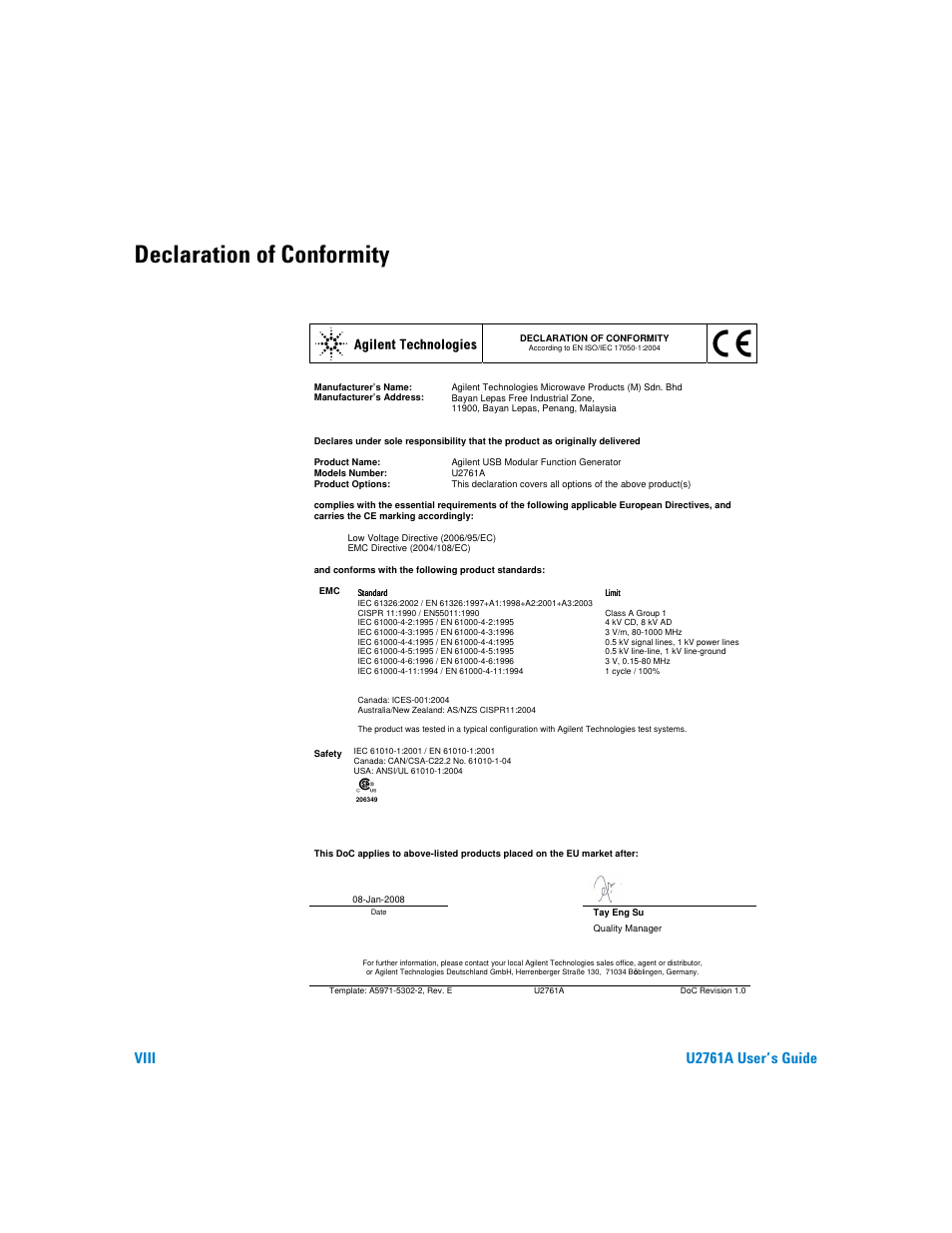 Declaration of conformity, Viii u2761a user’s guide | Agilent Technologies AGILENT U2761A User Manual | Page 8 / 123