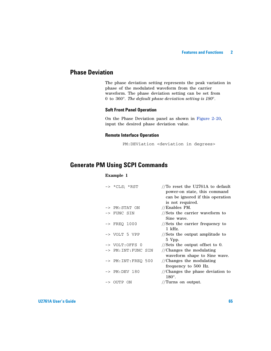 Phase deviation, Generate pm using scpi commands | Agilent Technologies AGILENT U2761A User Manual | Page 83 / 123