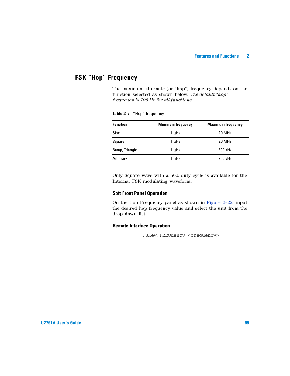 Fsk “hop” frequency, Table | Agilent Technologies AGILENT U2761A User Manual | Page 87 / 123