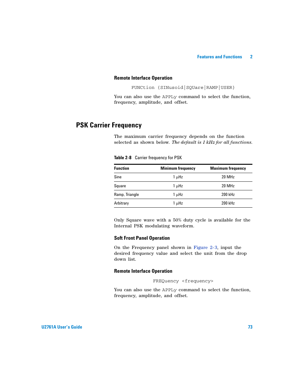 Psk carrier frequency, Table | Agilent Technologies AGILENT U2761A User Manual | Page 91 / 123