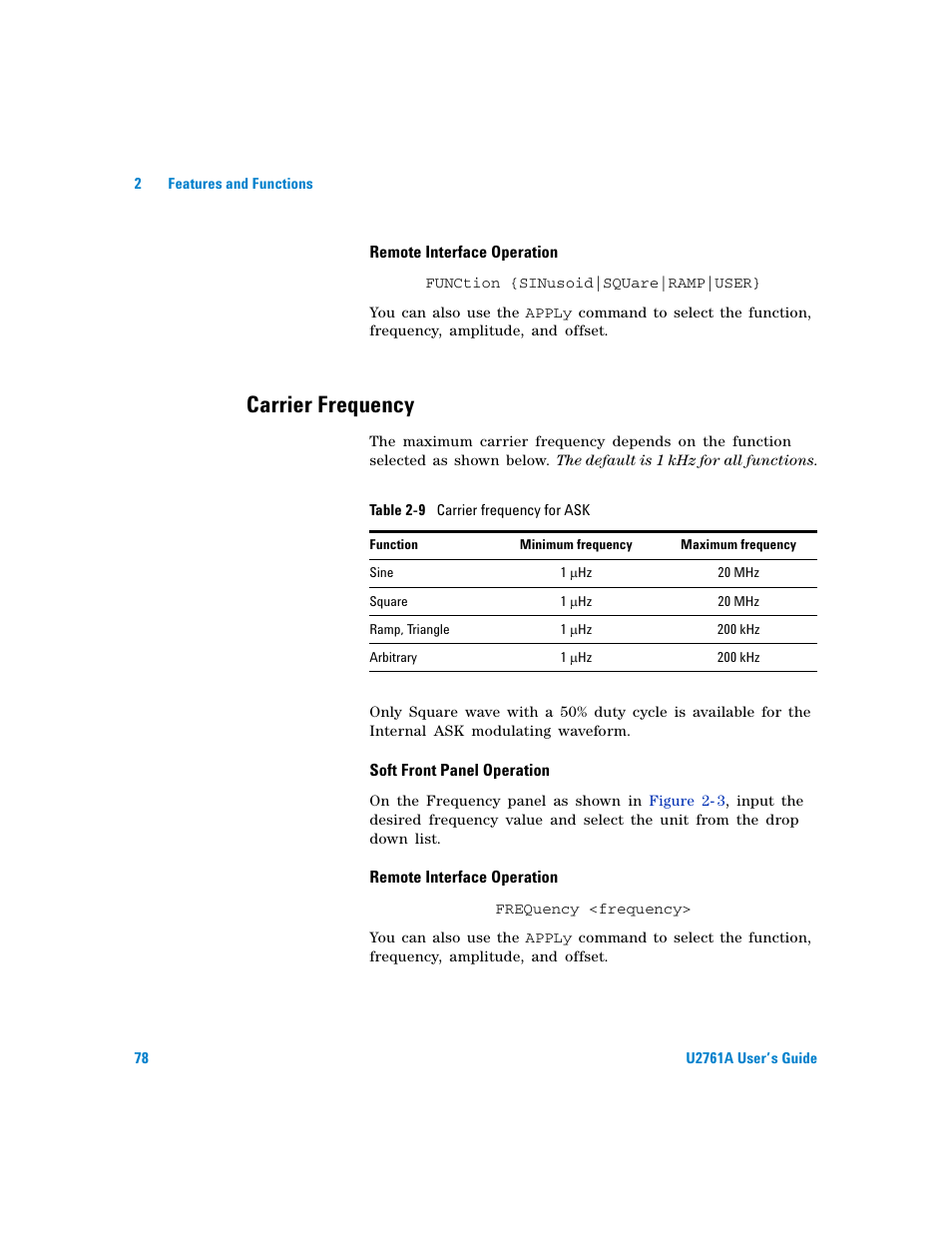 Carrier frequency, Table | Agilent Technologies AGILENT U2761A User Manual | Page 96 / 123