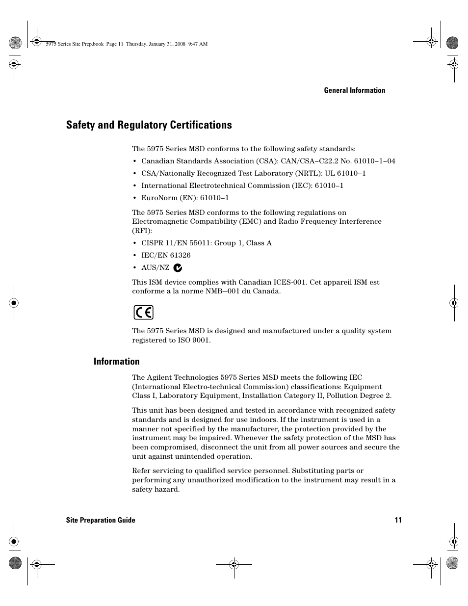 Safety and regulatory certifications, Information, Safety and regulatory certifications 11 | Information 11 | Agilent Technologies 5975 User Manual | Page 11 / 44