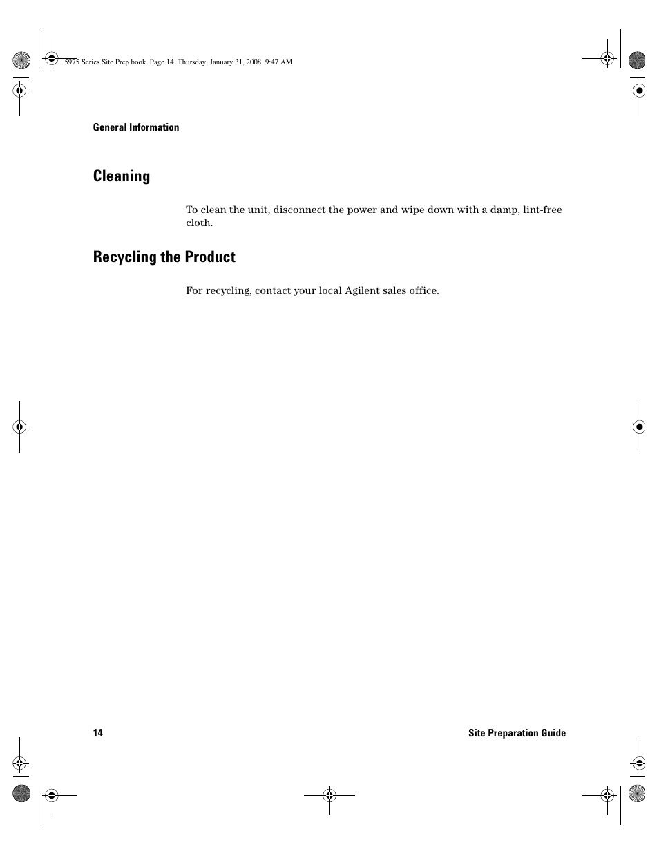 Cleaning, Recycling the product, Cleaning 14 | Recycling the product 1, Recycling the product 14 | Agilent Technologies 5975 User Manual | Page 14 / 44