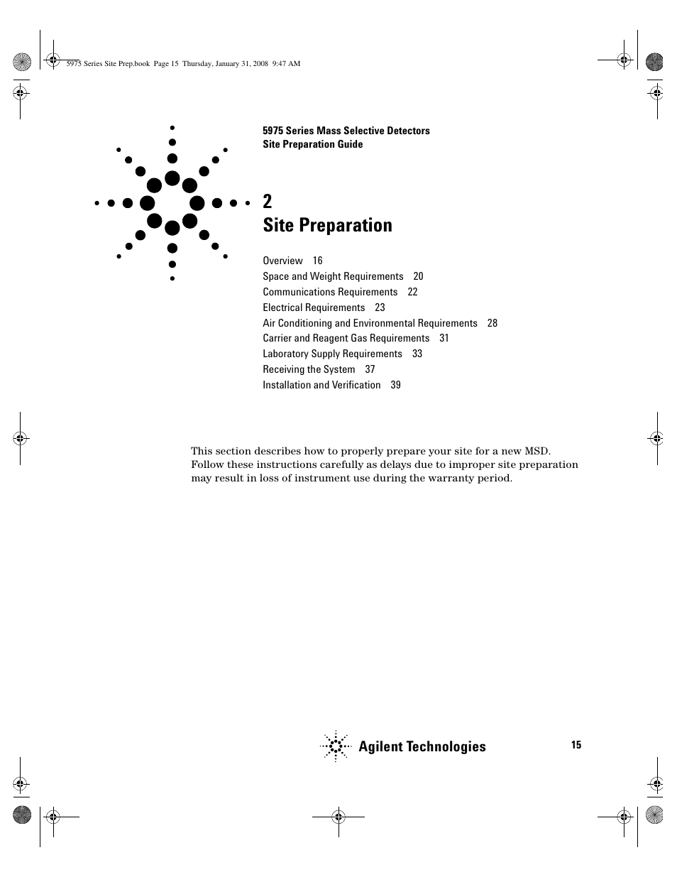 Site preparation, 2 site preparation, Agilent technologies | Agilent Technologies 5975 User Manual | Page 15 / 44