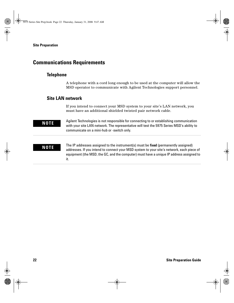 Communications requirements, Telephone, Site lan network | Communications requirements 2, Telephone 22, Site lan network 2, Communications requirements 22 | Agilent Technologies 5975 User Manual | Page 22 / 44