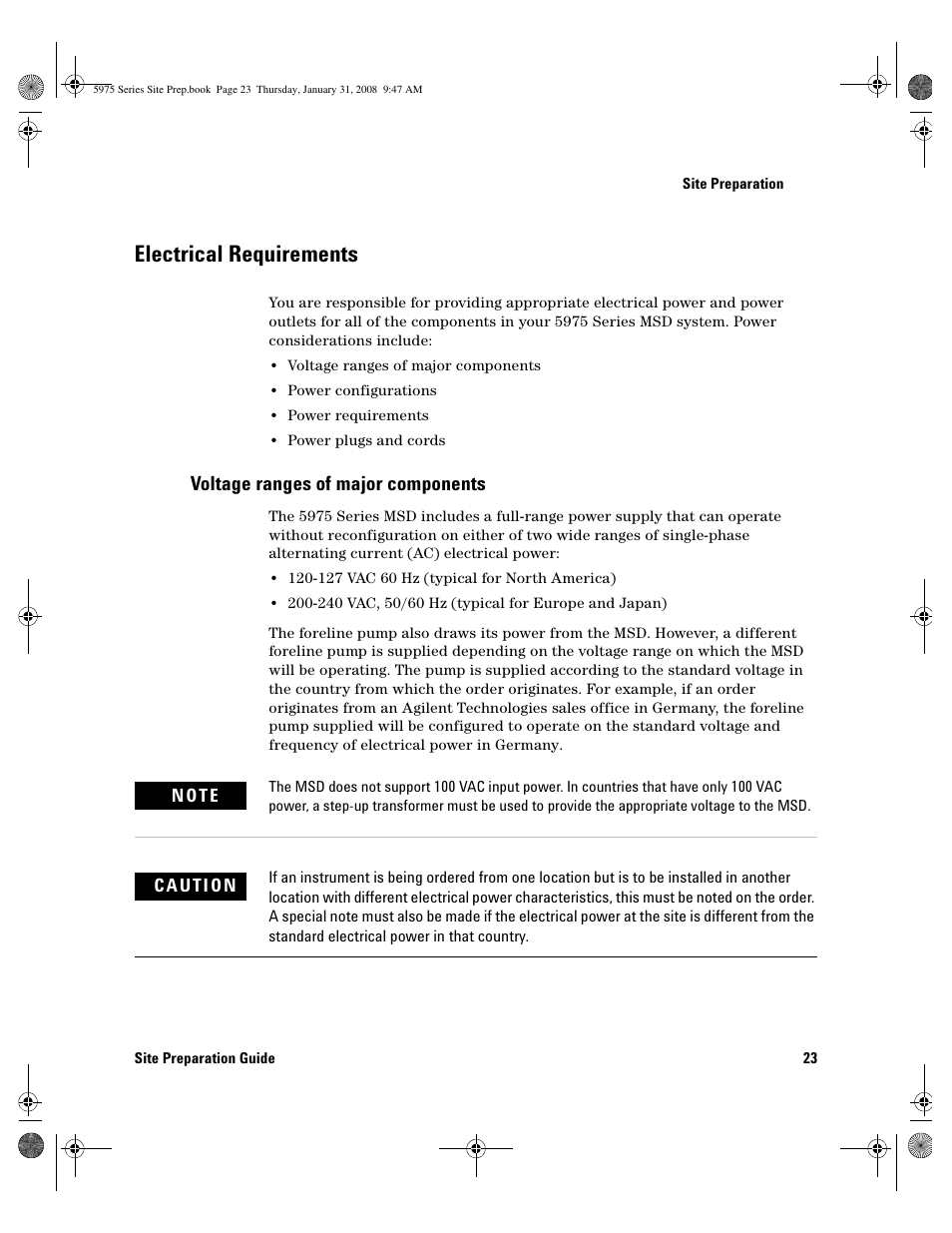 Electrical requirements, Voltage ranges of major components, Electrical requirements 23 | Voltage ranges of major components 2 | Agilent Technologies 5975 User Manual | Page 23 / 44