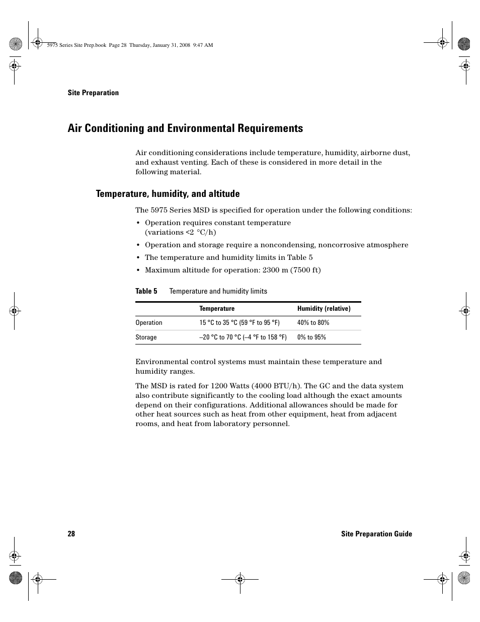 Air conditioning and environmental requirements, Temperature, humidity, and altitude, Air conditioning and environmental requirements 2 | Temperature, humidity, and altitude 2, Air conditioning and environmental requirements 28 | Agilent Technologies 5975 User Manual | Page 28 / 44