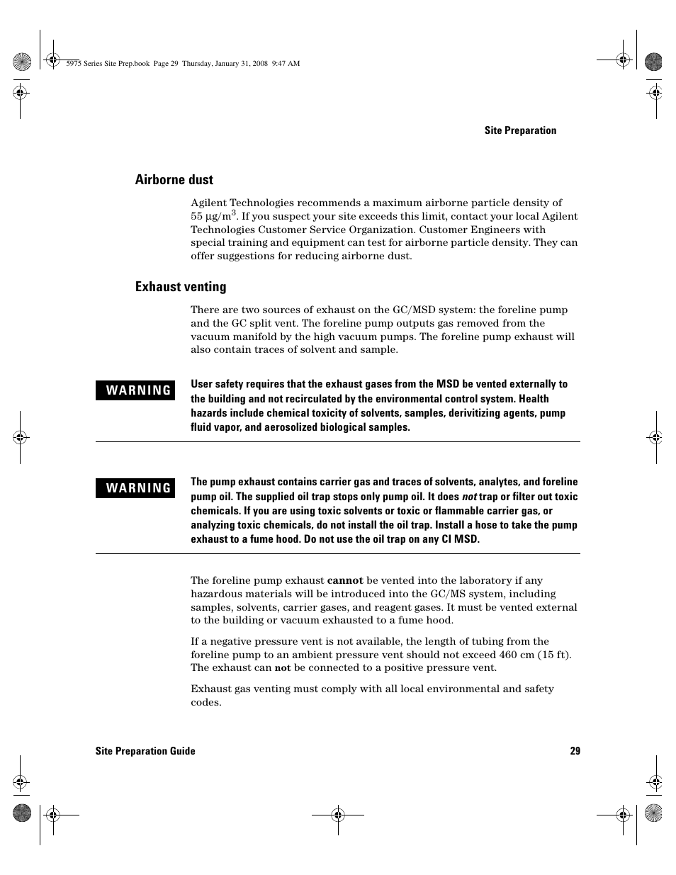 Airborne dust, Exhaust venting, Airborne dust 29 | Exhaust venting 29 | Agilent Technologies 5975 User Manual | Page 29 / 44