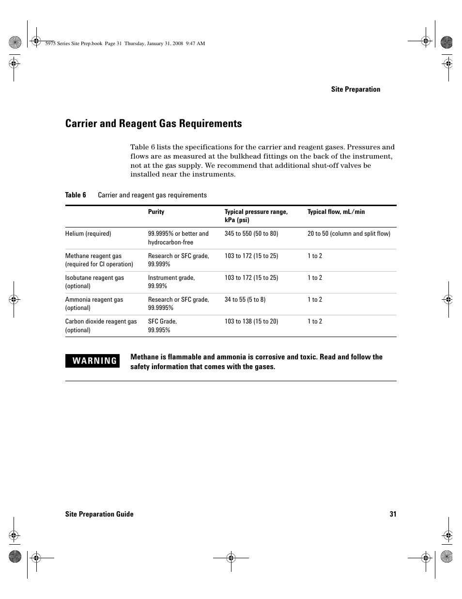 Carrier and reagent gas requirements, Carrier and reagent gas requirements 3, Carrier and reagent gas requirements 31 | Agilent Technologies 5975 User Manual | Page 31 / 44