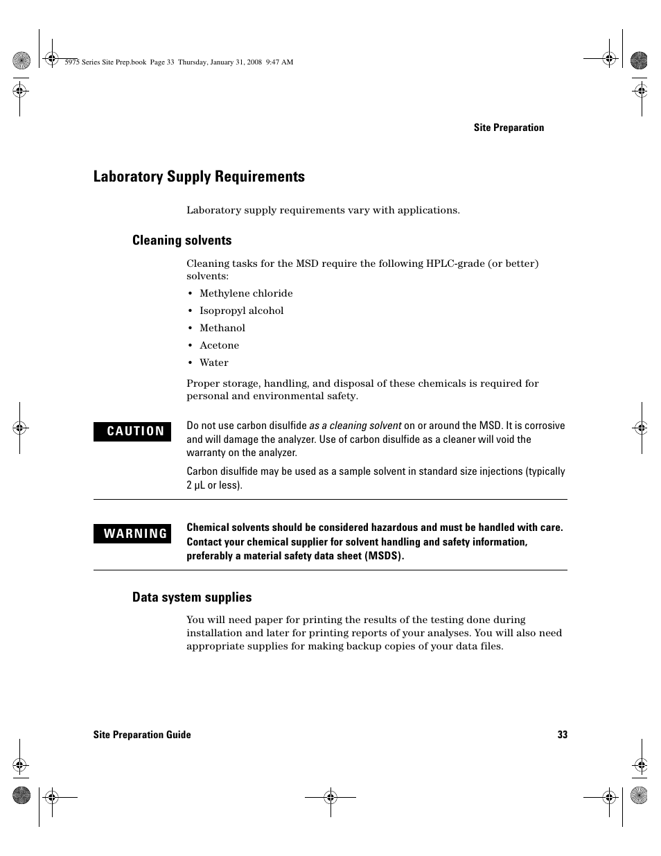 Laboratory supply requirements, Cleaning solvents, Data system supplies | Laboratory supply requirements 33, Cleaning solvents 33, Data system supplies 3 | Agilent Technologies 5975 User Manual | Page 33 / 44