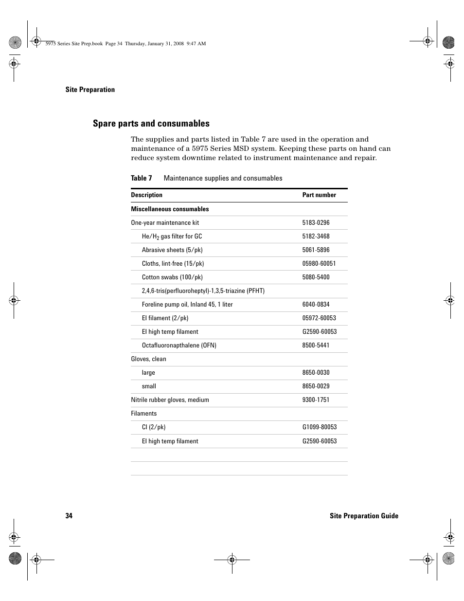 Spare parts and consumables, Spare parts and consumables 3 | Agilent Technologies 5975 User Manual | Page 34 / 44