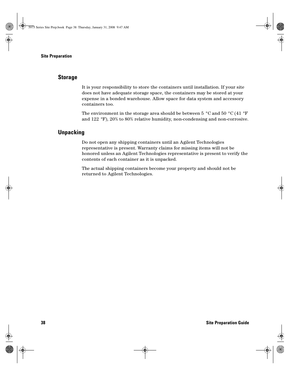 Storage, Unpacking | Agilent Technologies 5975 User Manual | Page 38 / 44