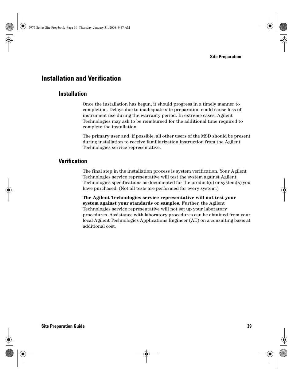 Installation and verification, Installation, Verification | Installation 3, Verification 3, Installation and verification 39 | Agilent Technologies 5975 User Manual | Page 39 / 44