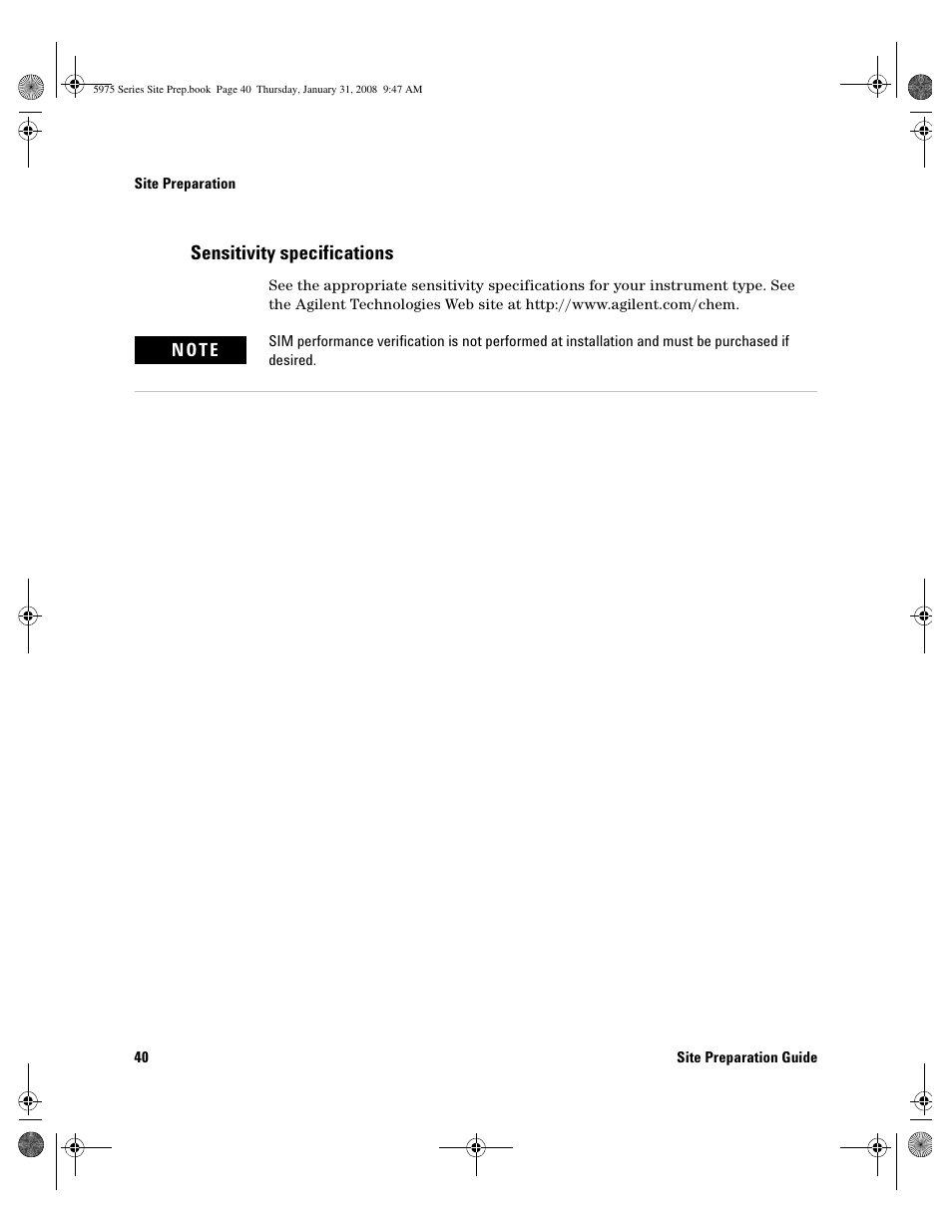 Sensitivity specifications, Sensitivity specifications 40 | Agilent Technologies 5975 User Manual | Page 40 / 44