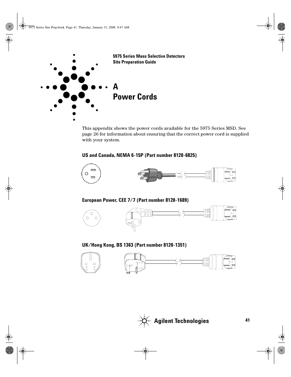 Power cords, A power cords | Agilent Technologies 5975 User Manual | Page 41 / 44