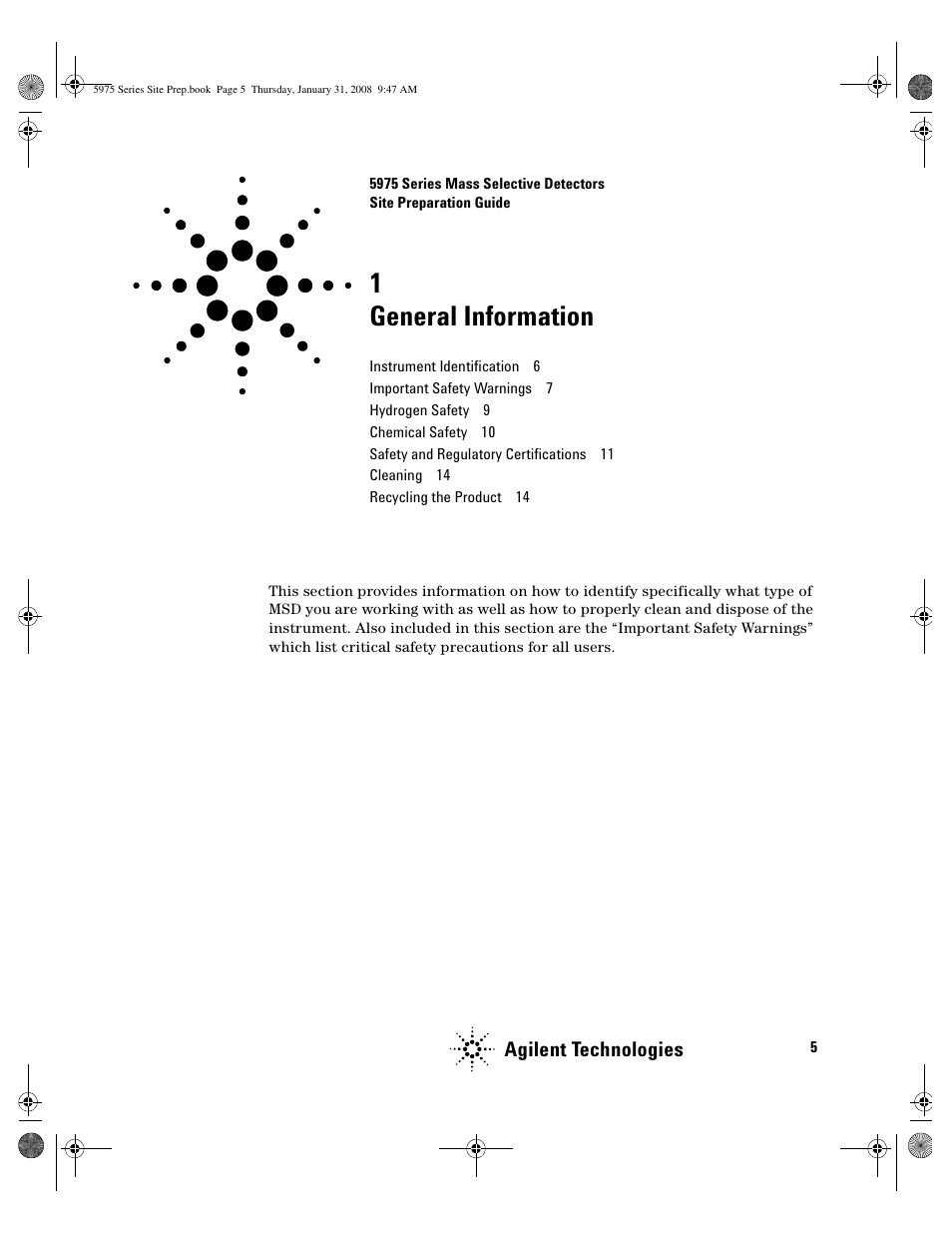 General information, 1 general information, Agilent technologies | Agilent Technologies 5975 User Manual | Page 5 / 44